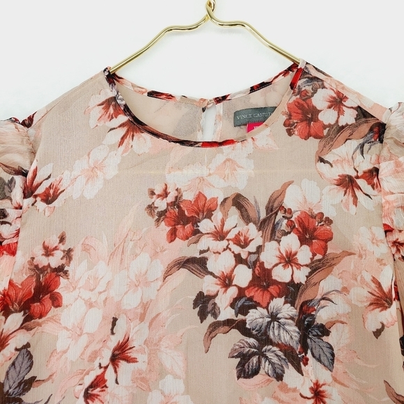 Vince Camuto Cream Sheer Floral Pattern Long Puff Sleeve Eye Button Blouse P2957 - Picture 2 of 7